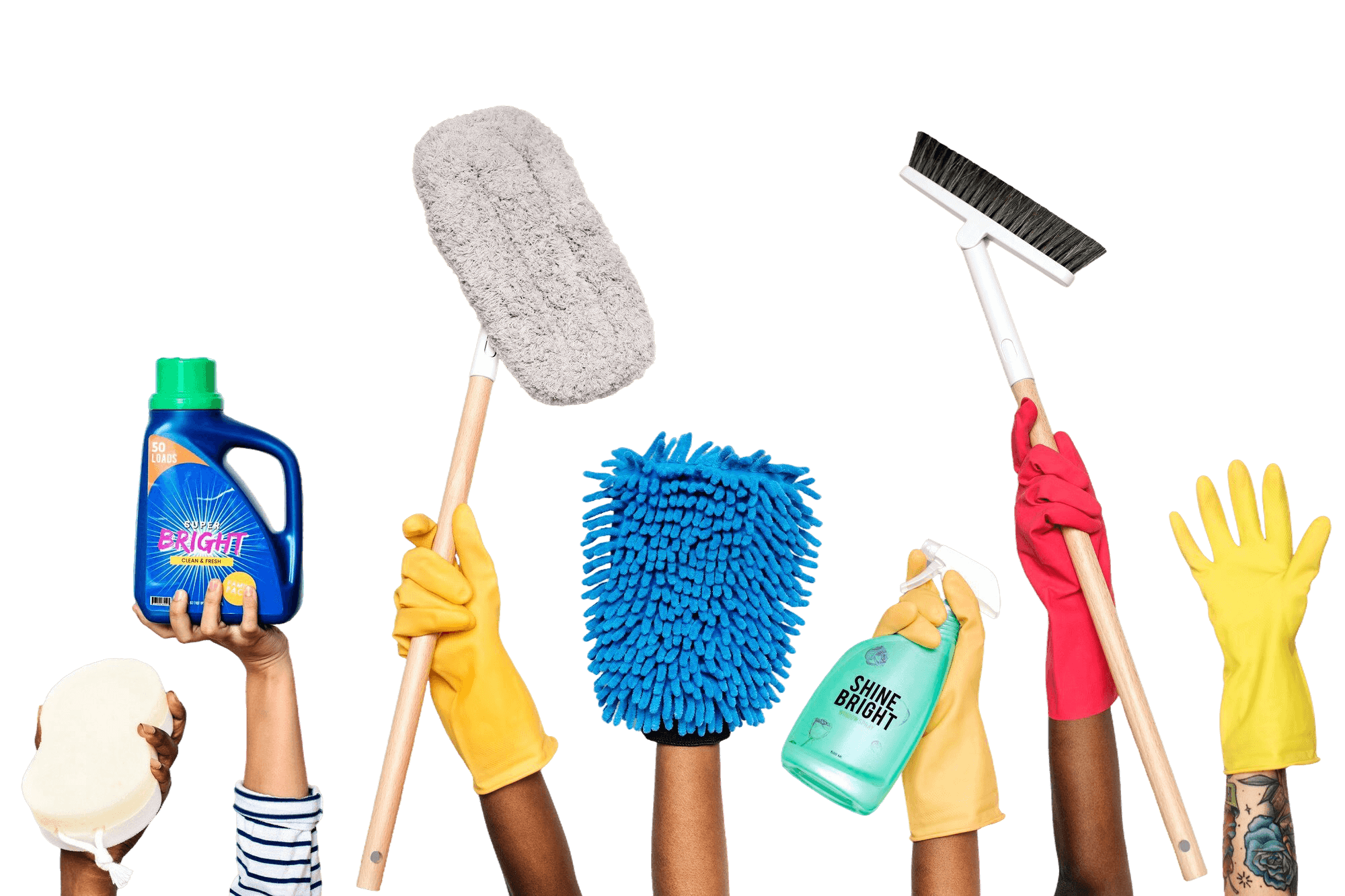 Hands raised holding an array of cleaning supplies — duster, microfiber mitt, broom, spray bottle, sponge, and rubber gloves